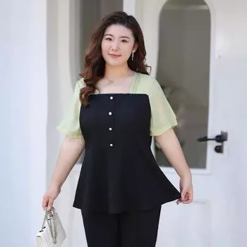 A Loose Chiffon Shirt for Summer Which Covers The Belly and Makes One Look Slimmer Is A Fashionable Patchwork Elastic Short-sleeved Top XL чёрный/светло-зеленый