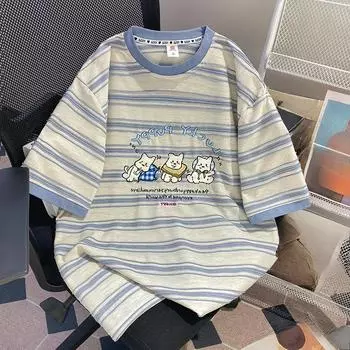 A Loose Short-sleeved T-shirt with An Extra-large Design Sense and Niche Striped Embroidery M