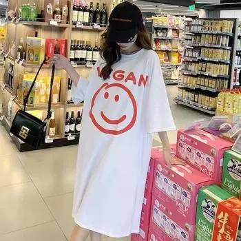 A Mid-sleeved Loose Knee-length Side-slit Laid-back Dress for Women s Spring and Summer M белый