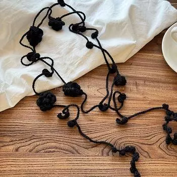 A Multi-Purpose! Black Flower Necklace Women Long Strip Gyaru Ribbon Scarf Niche Design Sense Chain Belt Accessories Black Flowers-Can Be Necklace or Waist Chain