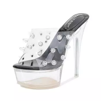 A nightclub car model catwalk model, transparent rivet crystal and waterproof table, high-heeled sandals. 35