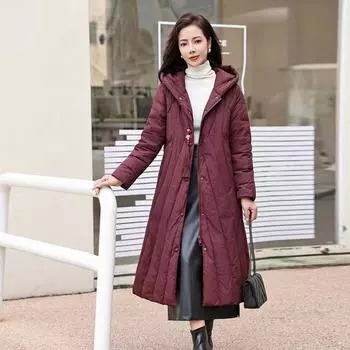 А-образная версия длинной белой утиной пуховой куртки для женщин 2024 года зимы с подвеской в стиле ретро, чтобы согреться, выше колена, куртка большого размера M темно-зеленого