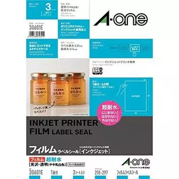 A-One Label Sticker Inkjet Super Water Resistant Glossy Film Transparent A4 Uncutted 3 Sheets 30601E