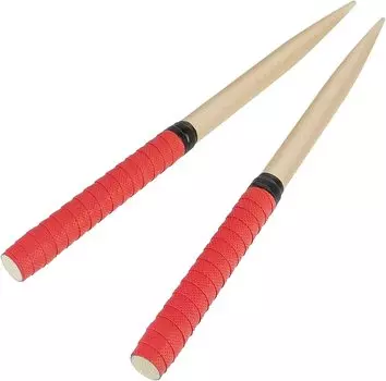 A pair of musical instrument batting solid large drum and drum sticks sticks, wood, mallet, (red)
