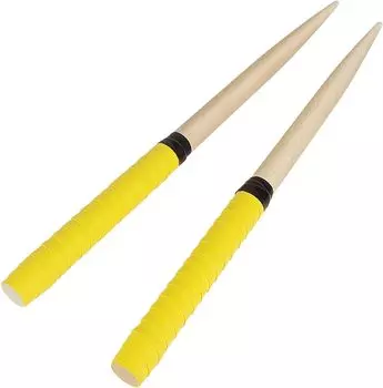 A pair of musical instrument batting solid large drum and drum sticks sticks, wood, mallet, (yellow) [product]