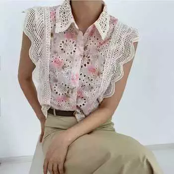 A Petite and Sweet New Style of Sleeveless Shirt with Lapel Lace Crochet and Cutout Patchwork S