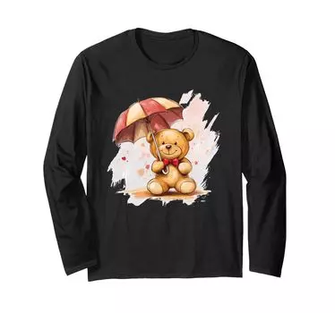 А с крутым зонтиком и плюшевым мишкой в футболке сливового цвета с длинными рукавами. чёрный