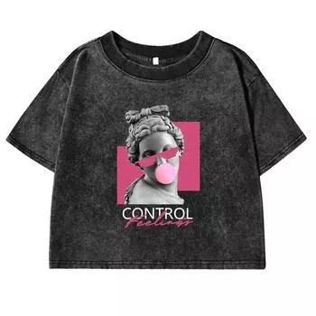 A Sculpture Of A Woman Blowing Bubbles Print Women Washed T Shirt Cotton Casual Short Sleeve Crop Top Street M