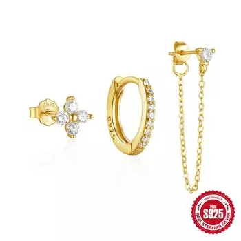 A Set Of 3 Stylish Stacked S925 Sterling Silver Personalized Petals Colored Diamond-Encrusted Chain Earrings Earrings Earrings 925 Silver