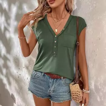 A Sexy Deep V-neck Three-quarter Sleeve Loose Solid Color Button Pocket T-shirt for Women S