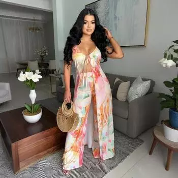 A Sexy Halter and Lace-up Top Paired with Slim-fitting Wide-leg Pants In A Fashionable Two-piece Set S