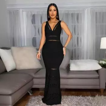 A Sexy V-neck Body-hugging Cutout and Body-hugging Dress for Women S чёрный