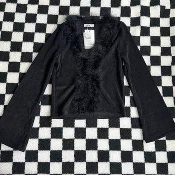 A Small Amount of Fashion Y2g Sexy Cardigan V Neck Ostrich Feather Temperament Black S