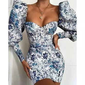 A Stylish Printed Puffed Sleeve Dress That Wraps Around The Chest and Hips Creating A Figure-hugging and Elegant Look S