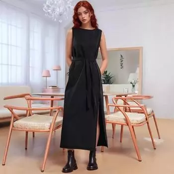 A Summer Sleeveless Round-neck Pocket Casual Long Dress for Women S чёрный