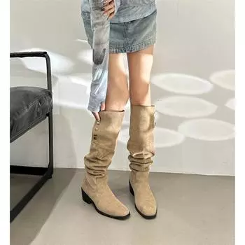 A variety of wearing methods 2024 autumn and winter medium tube thick heel medium heel square head rivet long boots high heel stacked boots over the k 35