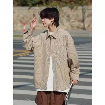 A Yu Dai Весна и осень японский стиль ретро нижнее белье полосатая рубашка с длинными рукавами мужская свободная рубашка в стиле преппи с начесом пальто женская мода M хаки