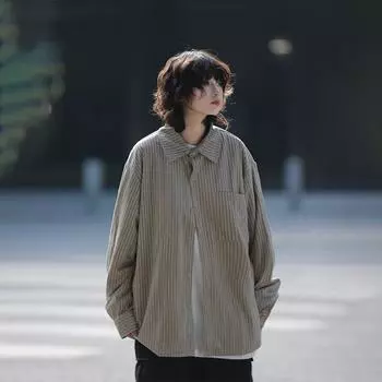 A Yu Dai Весна и осень японский стиль ретро нижнее белье полосатая рубашка с длинными рукавами мужская свободная рубашка в стиле преппи с начесом пальто женская мода M хаки