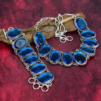 AAA + синий топаз, драгоценный камень, комплект ювелирных изделий из стерлингового серебра 925 пробы, красивый браслет и ожерелье ручной работы, комплект ювелирных изделий для нее Adjustable With 8 -18 синий