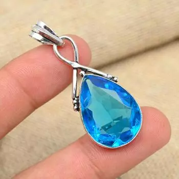 AAA + Синий топаз Драгоценный камень Твердые стерлингового серебра 925 пробы Ювелирные изделия ручной работы Красивый кулон 1.96 Inches синий