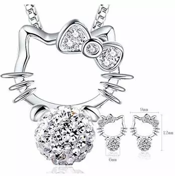 AAAAA grade cubic zirconia CZ diamond Hello Kitty pendant earrings set necklace accessory Hello Kitty wedding ceremony swinging silver all items