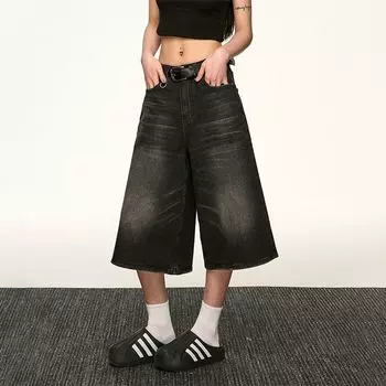 Aaisup American Retro Washed Old Creases Denim Shorts Female Summer Loose Cropped Straight-Leg Wide Leg Middle Pants Black M
