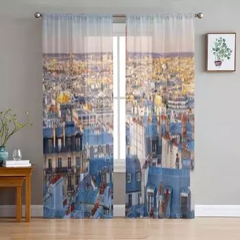 Аэрофотоснимок Парижа с фасадами, прозрачные тюлевые шторы для гостиной, кухни, украшения, вуаль, шторы из органзы 135W x 114H(cm)