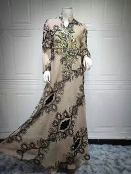 AB114 Этническое платье-абая в ближневосточном стиле с пайетками и выжженным рисунком для женщин S абрикосовый