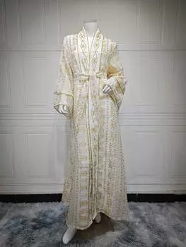 AB445 Элегантный ближневосточный костюм-двойка с вышивкой сеткой Small белый