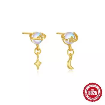 Ab Earrings Ins Wind S925 Sterling Silver Star And Moon Elements Moonstone Saturn Galaxy Series Stud Earrings 925 Silver