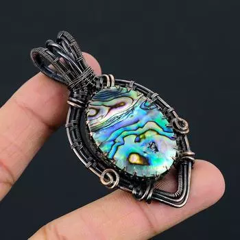 Abalone Shell Gemstone Чистая медная проволока Обернутая подвеска ручной работы Уникальные ювелирные изделия 2.76 Inches синий