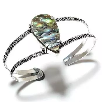Abalone Shell Gemstone Handmade 925 Sterling Silver Cuff Bangle Adjustable t8a00