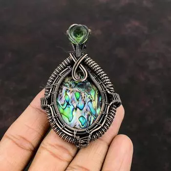 Abalone Shell Pendant Copper Wire Wrapped Pendant Gemstone Jewelry Handmade Green Amethyst Pendant Unique Copper Design Jewelry Gift For Her