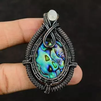 Abalone Shell Pendant Copper Wire Wrapped Pendant Gemstone Jewelry Handmade Pendant Gifts For Her Copper Jewelry Rainbow Moonstone Pendant