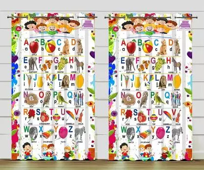 ABCD Alphabet Printed Curtains for Kids, Room Blinds, Window, Living Room, Kitchen Treatment, Ready Made Small Drape 50W160H(CM)x2Panel&Hook