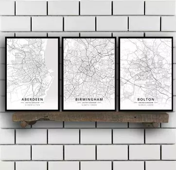 Абердин Бирмингем Болтон Борнмут Брэдфорд Брайтон Бристоль Кембридж Кардифф Честер Соединенное Королевство Плакат с картой 21cm30cm NoFrame