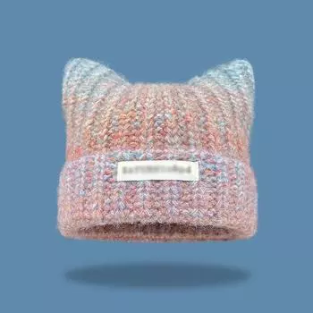 Abi wind cute cat ears gradual change knitted wool hat women autumn and winter warm ear protection cold hat couple show small face one size fits all красный