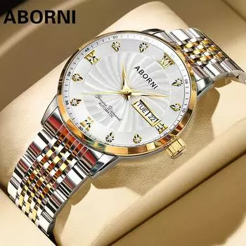 ABORNI автоматические механические часы, классические легкие роскошные бриллианты, стальные часы с двойным календарем, водонепроницаемые светящиеся мужские часы