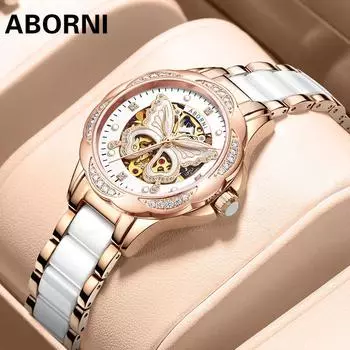 ABORNI новые автоматические механические часы Dream Butterfly, модные наручные часы, женские часы со скелетом и бриллиантами, керамический ремешок