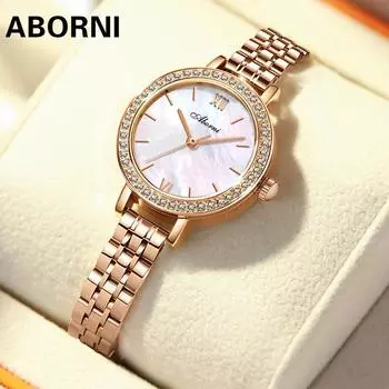ABORNI женские часы нишевые легкие роскошные кварцевые часы водонепроницаемые маленькие золотисто-зеленые часы с инкрустацией бриллиантами