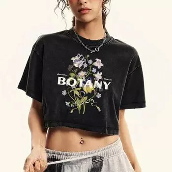 Abounding In Flowers Bostany Printed Women Washed T Shirt Fitness Cotton Short Sleeve Street Top Slim Retro T-Shirt M