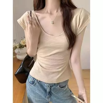 Абрикосовая футболка с большим вырезом и короткими рукавами для женщин на лето, стройнящая и шикарная, милая, горячая девушка, с U-образным вырезом на правом плече, короткий топ S