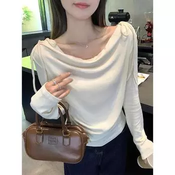 Абрикосовая сексуальная футболка с открытыми плечами и длинными рукавами на одно плечо, женская футболка в стиле ранней осени, плиссированная внутренняя часть с завязкой-бабочкой на талии S