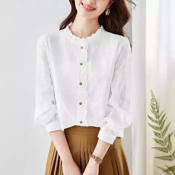 Абрикосовая вышитая рубашка женская с длинным рукавом весенний топ с воротником-грибком из чистого хлопка женская рубашка M белый