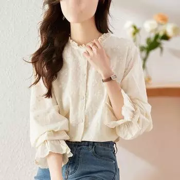 Абрикосовая вышитая женская хлопковая рубашка с длинным рукавом и кружевным воротником на весну и осень 2025 г. XXL белый