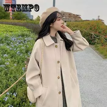 Абрикосовое черное длинное пальто женское плотное зимнее бархатное шерстяное пальто средней длины в корейском стиле офисная женская повседневная однотонная куртка 2XL абрикосовый