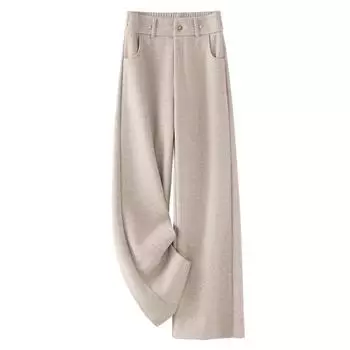 Абрикосовые брюки женские широкие с высокой талией в елочку - Стиль осень/зима 2024, Повседневные, Драпирующиеся, Длинный прямой крой. S