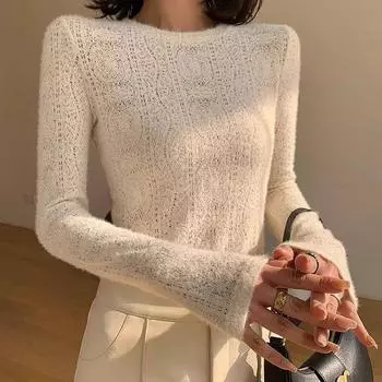 Абрикосовый длинный рукав кружевной вязаный свитер для женщин мода утягивающий и утягивающий базовый топ рубашки S абрикосовый