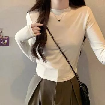 Абрикосовый круглый вырез, тонкий, с правым плечом, с длинным рукавом, однотонная эластичная футболка для женщин с высокой талией, укороченный внутренний топ, осень S