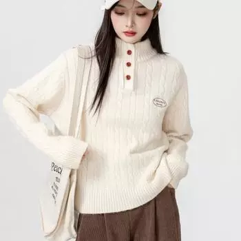 Абрикосовый полувысокий женский свитер с пуговицами, свободный, с длинным рукавом, вязаный свитер, японский женский пуловер, топы One size абрикосовый